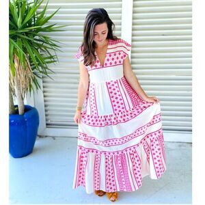 Kasia Resort Fuchsia Santorini Maxi Dress Pink Cream Tiered Embroidered Small